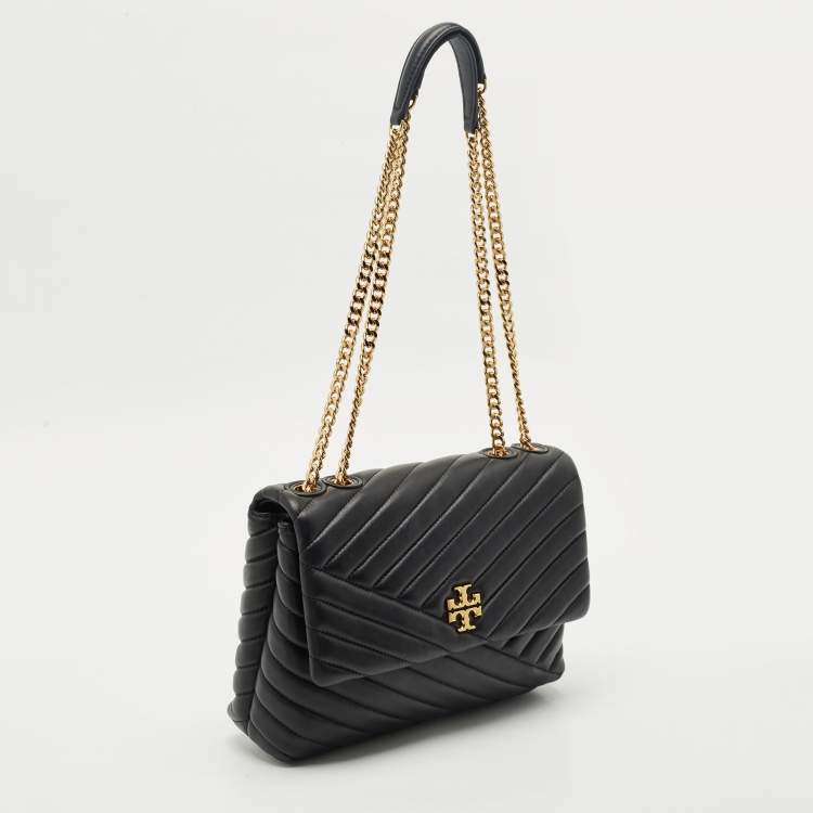 Pre Owned Tory Burch Black Chevron Leather Kira Convertible Shoulder Bag