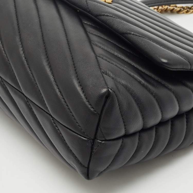 Pre Owned Tory Burch Black Chevron Leather Kira Convertible Shoulder Bag