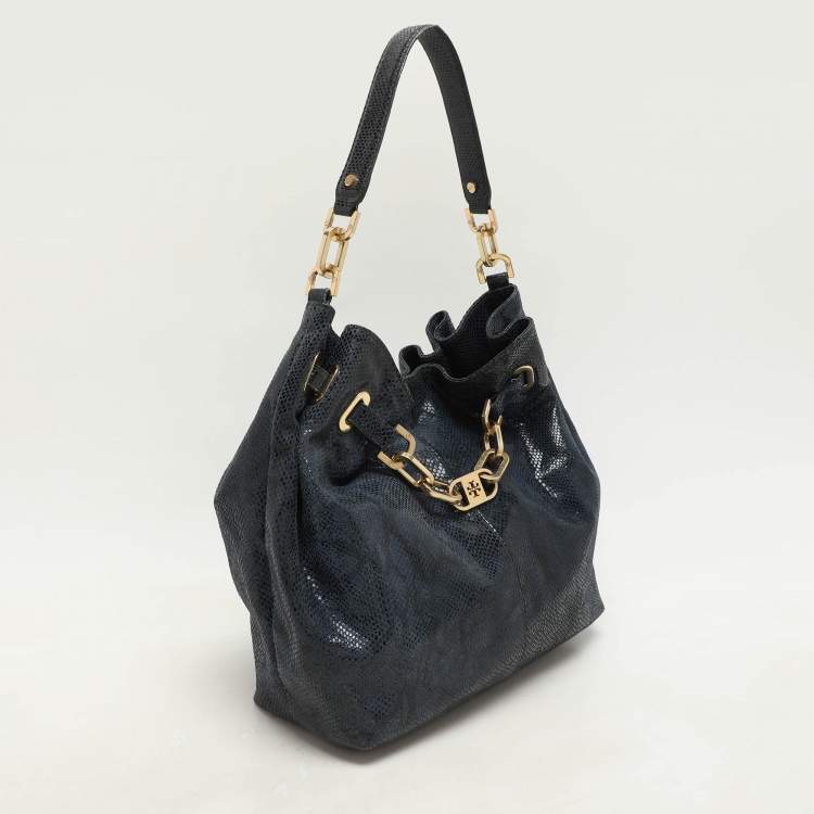 Pre Owned Tory Burch Black Python Embossed Leather Hobo