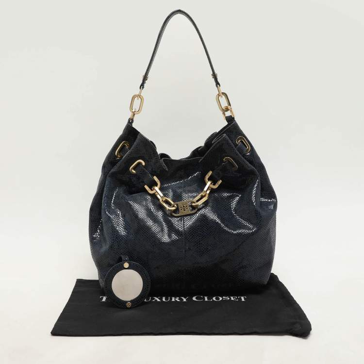 Pre Owned Tory Burch Black Python Embossed Leather Hobo