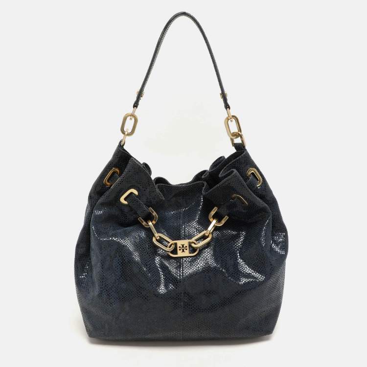 Pre Owned Tory Burch Black Python Embossed Leather Hobo