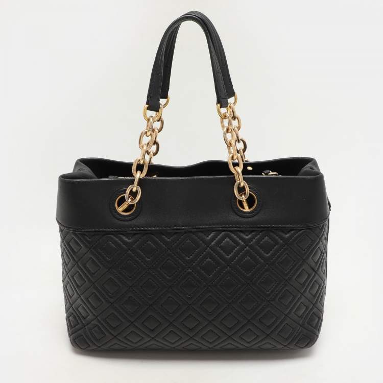 Pre Owned Tory Burch Black Quilted Leather Fleming Chain Tote