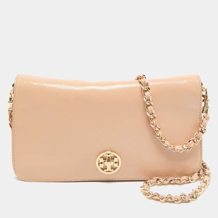 Pre Owned Tory Burch Beige Patent Leather Adalyn Flap Crossbody Bag