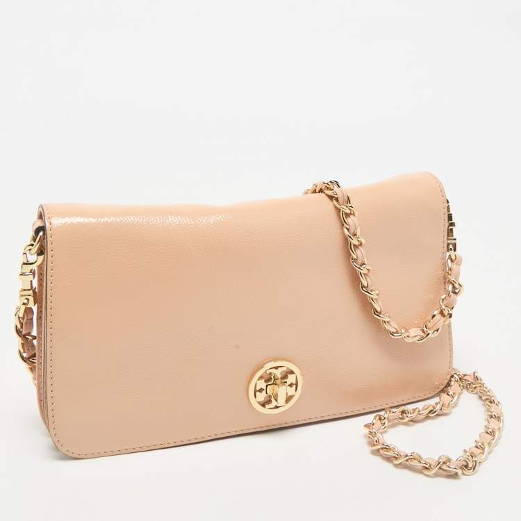 Pre Owned Tory Burch Beige Patent Leather Adalyn Flap Crossbody Bag