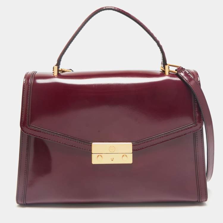 Pre Owned Tory Burch Burgundy Patent Leather Juliette Top Handle Bag