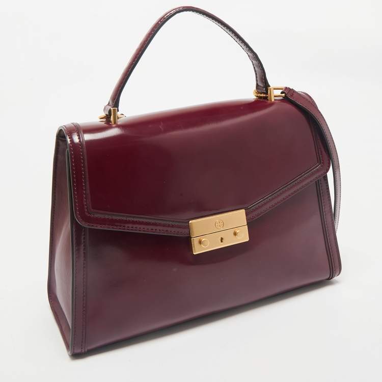 Pre Owned Tory Burch Burgundy Patent Leather Juliette Top Handle Bag