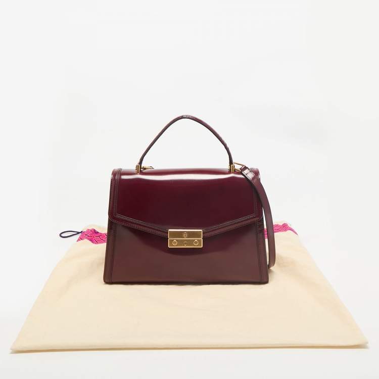 Pre Owned Tory Burch Burgundy Patent Leather Juliette Top Handle Bag