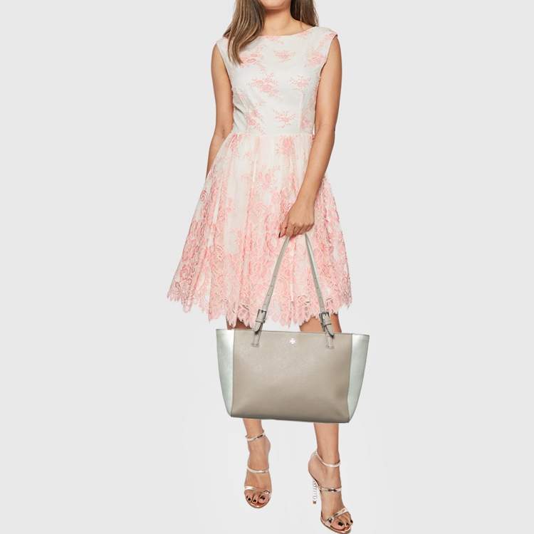 Pre Owned Tory Burch Beige/Silver Faux Leather Medium York Buckle Tote