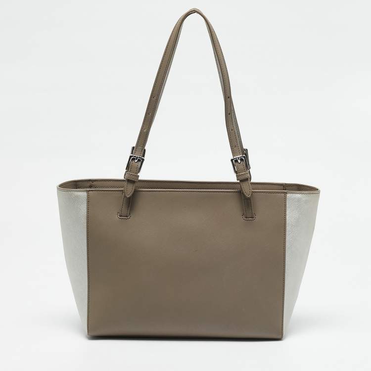 Pre Owned Tory Burch Beige/Silver Faux Leather Medium York Buckle Tote