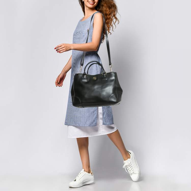 Pre Owned Tory Burch Black Leather Large Robinson Double Zip Tote