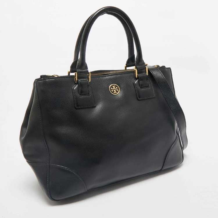 Pre Owned Tory Burch Black Leather Large Robinson Double Zip Tote