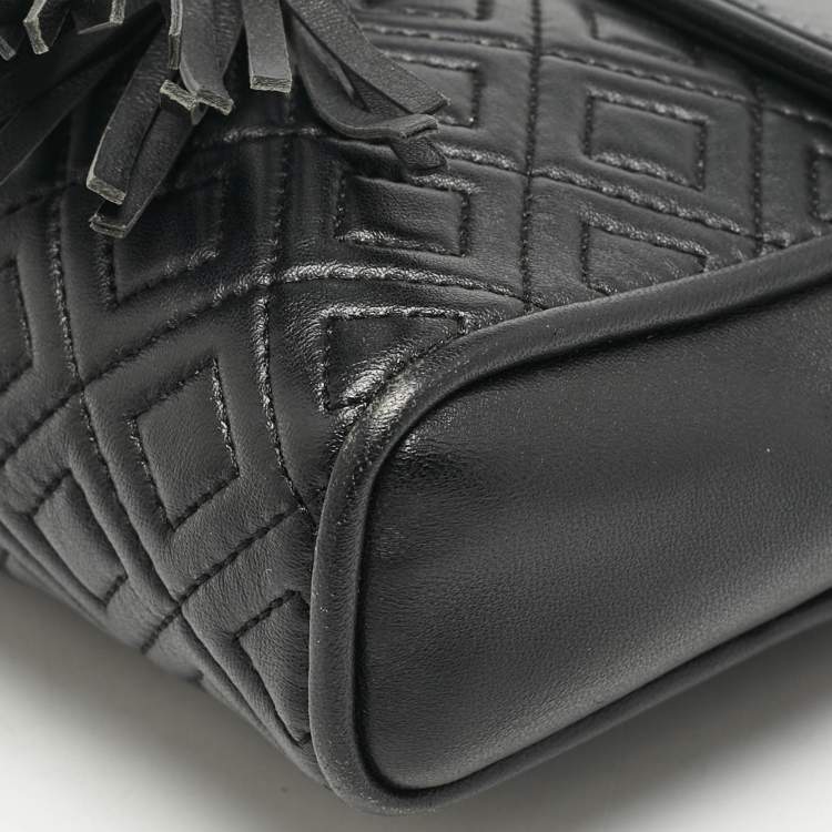 Pre Owned Tory Burch Black Quilted Leather Fleming Tassel Crossbody Bag