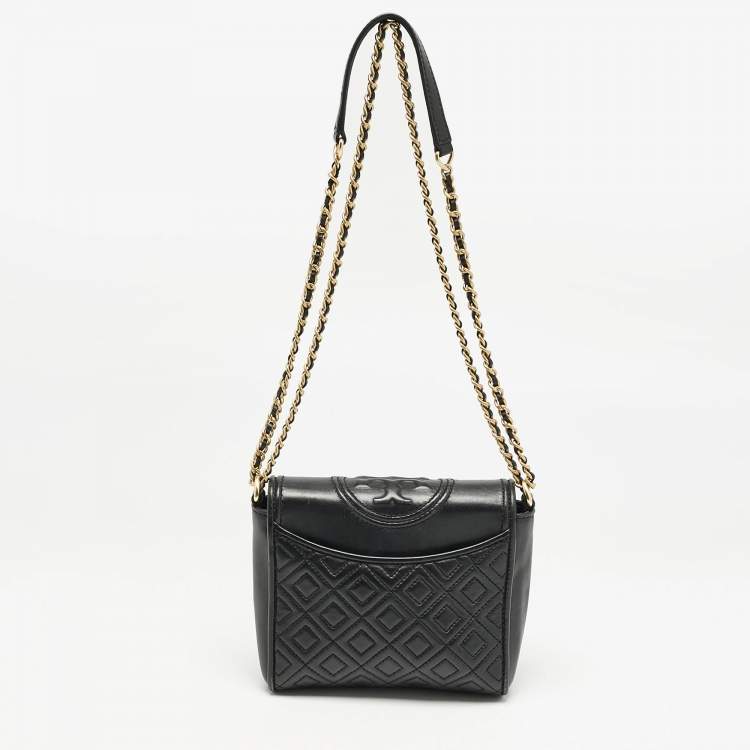 Pre Owned Tory Burch Black Quilted Leather Fleming Tassel Crossbody Bag