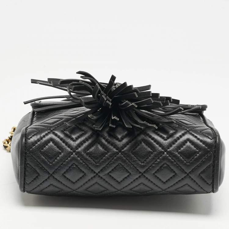 Pre Owned Tory Burch Black Quilted Leather Fleming Tassel Crossbody Bag