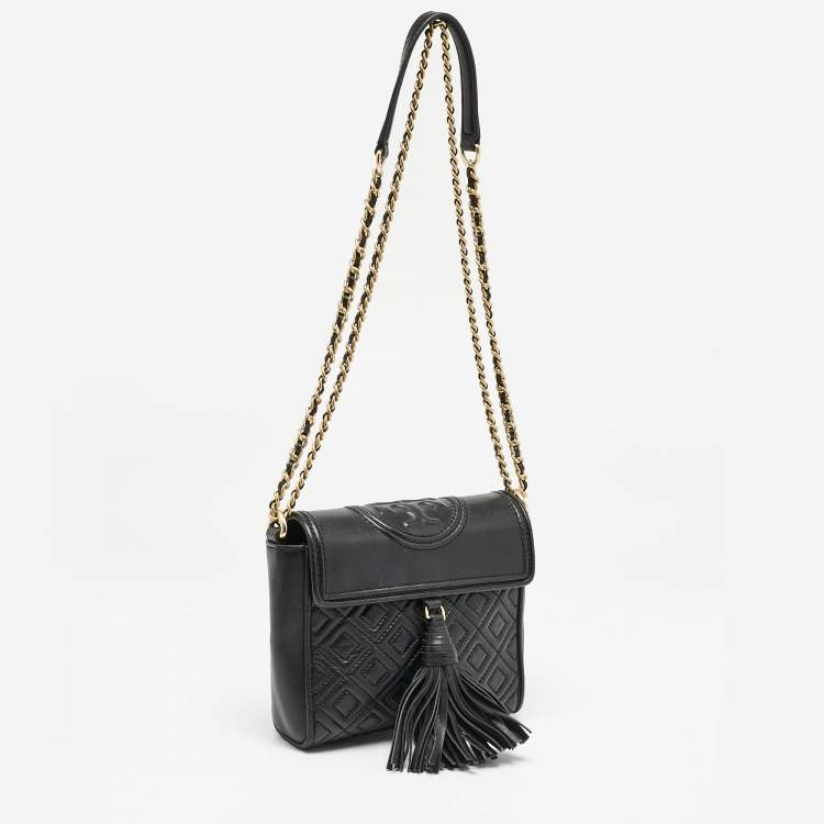 Pre Owned Tory Burch Black Quilted Leather Fleming Tassel Crossbody Bag