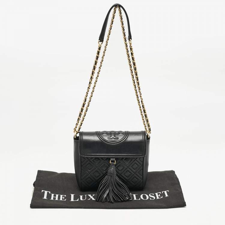 Pre Owned Tory Burch Black Quilted Leather Fleming Tassel Crossbody Bag