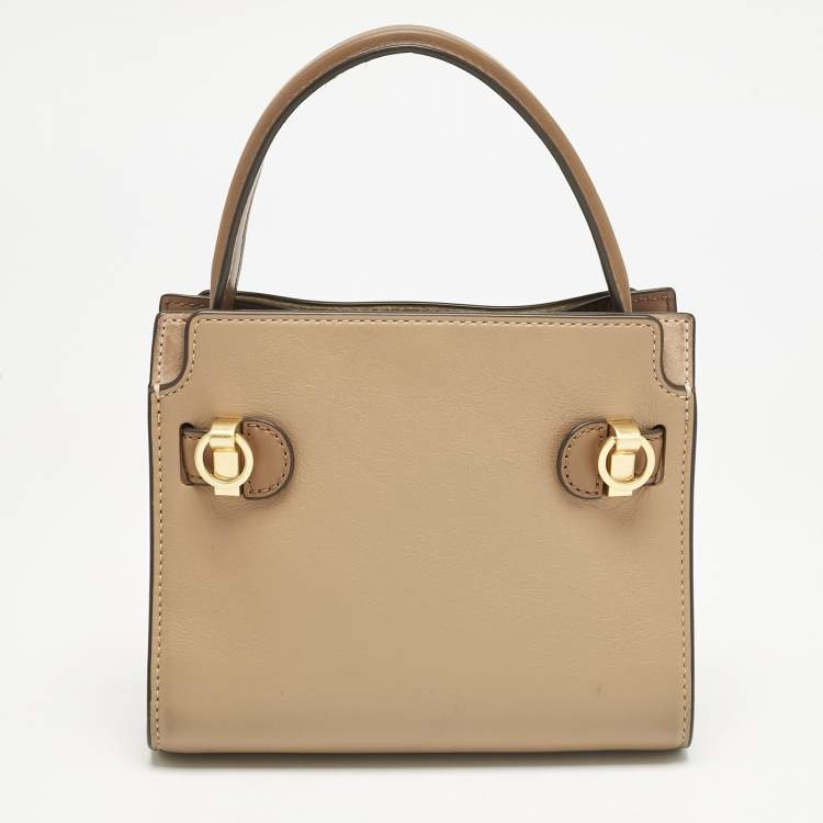 Pre Owned Tory Burch Brown Leather Petite Lee Radziwill Double Tote
