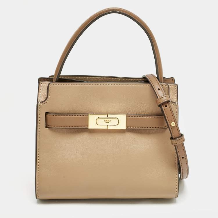 Pre Owned Tory Burch Brown Leather Petite Lee Radziwill Double Tote