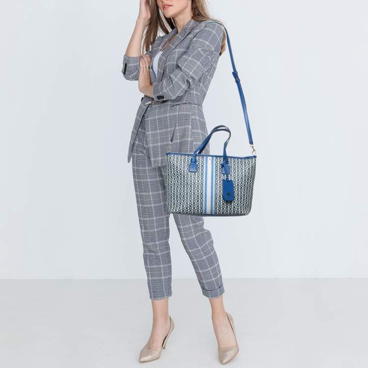 Pre Owned Tory Burch Blue Gemini Link Canvas and Leather Small Top Zip Tote