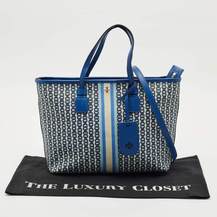 Pre Owned Tory Burch Blue Gemini Link Canvas and Leather Small Top Zip Tote