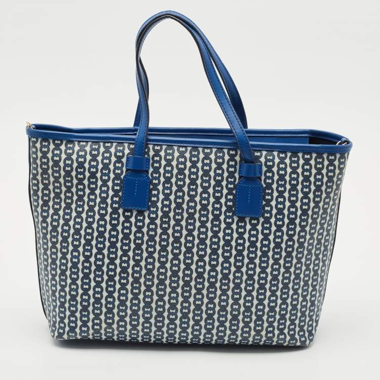 Pre Owned Tory Burch Blue Gemini Link Canvas and Leather Small Top Zip Tote