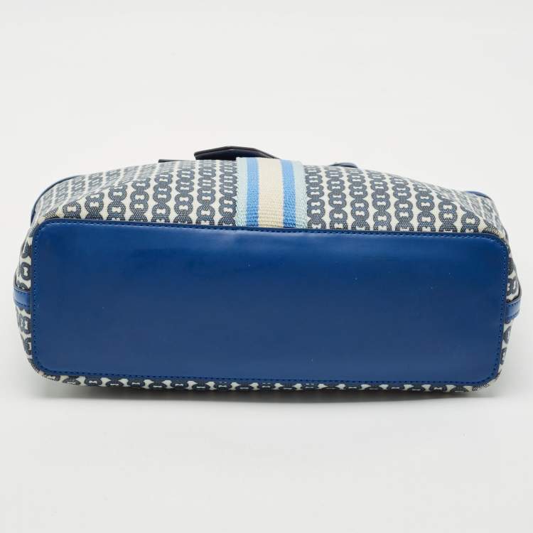 Pre Owned Tory Burch Blue Gemini Link Canvas and Leather Small Top Zip Tote