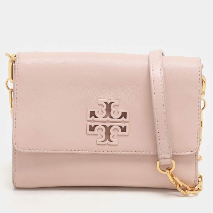 Pre Owned Tory Burch Pink Leather Britten Flap Crossbody Bag