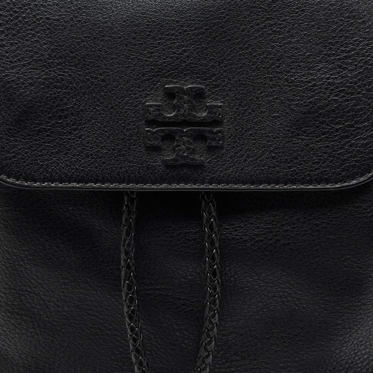 Pre Owned Tory Burch Black Leather Logo Flap Braided Tassel Backpack