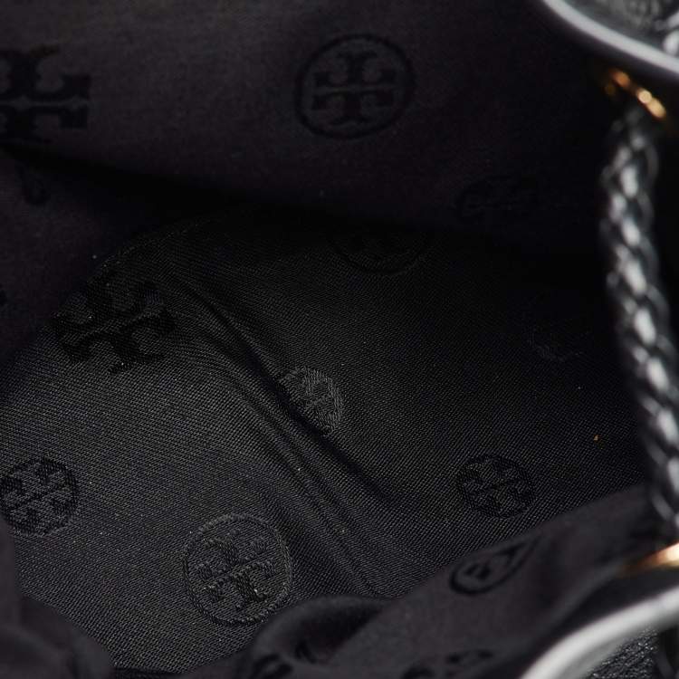 Pre Owned Tory Burch Black Leather Logo Flap Braided Tassel Backpack