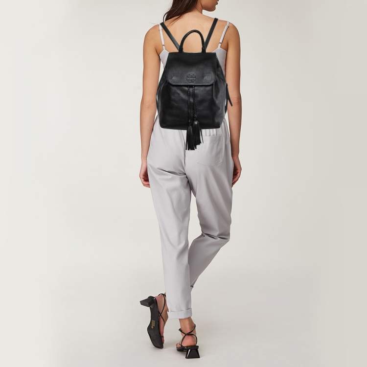 Pre Owned Tory Burch Black Leather Logo Flap Braided Tassel Backpack