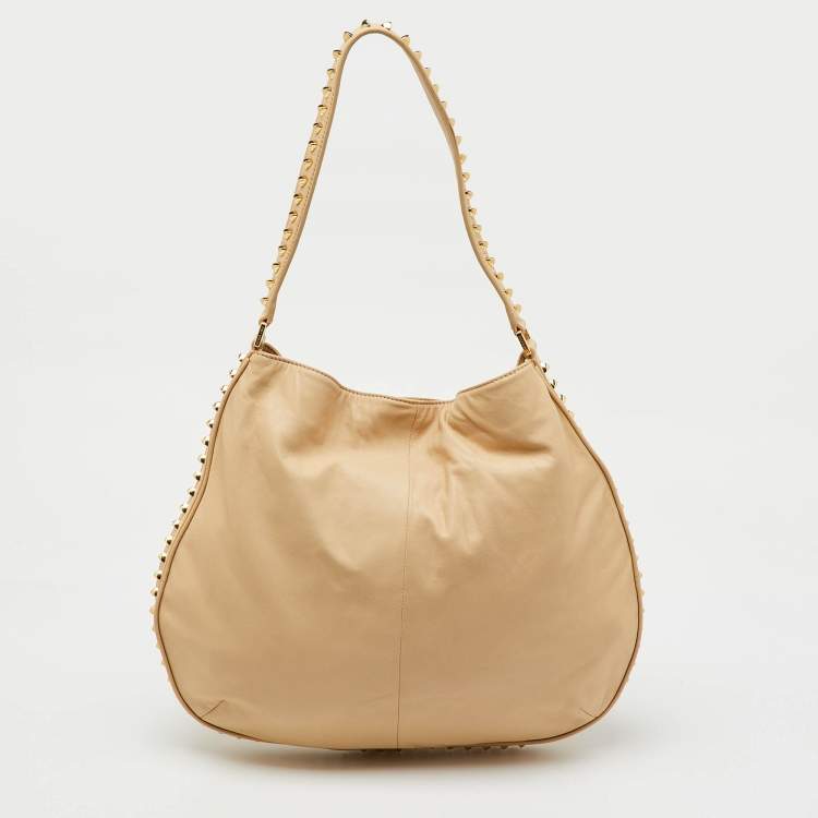 Pre Owned Tory Burch Light Beige Leather Pyramid Studs Hobo