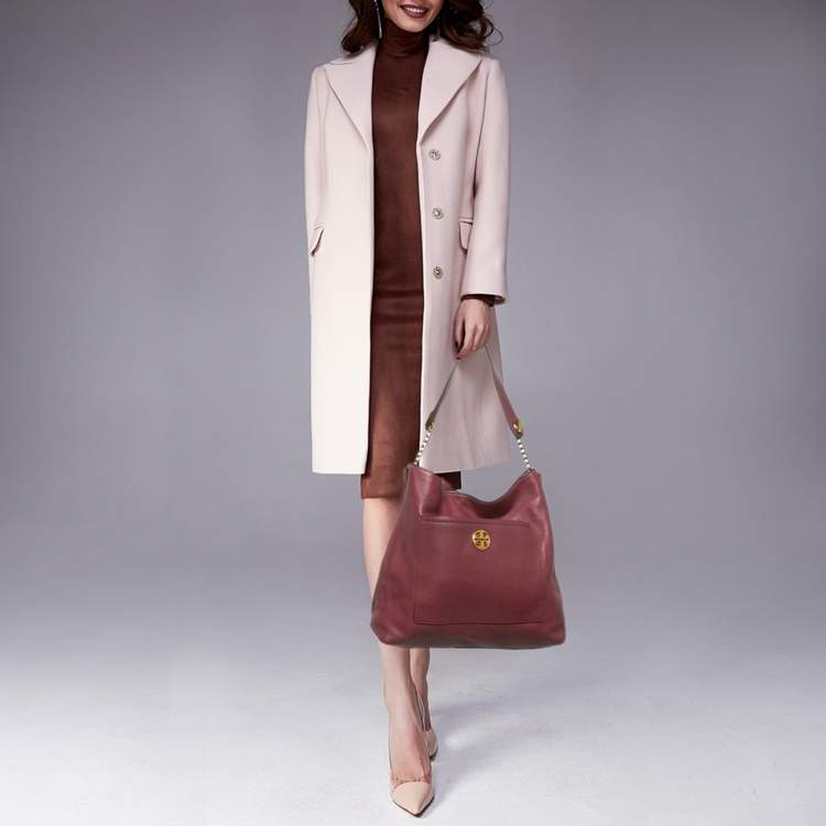 Pre Owned Tory Burch Burgundy Leather Chelsea Chain Hobo