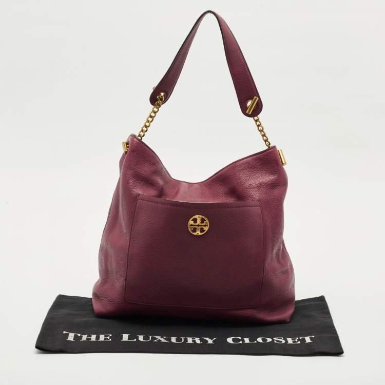 Pre Owned Tory Burch Burgundy Leather Chelsea Chain Hobo