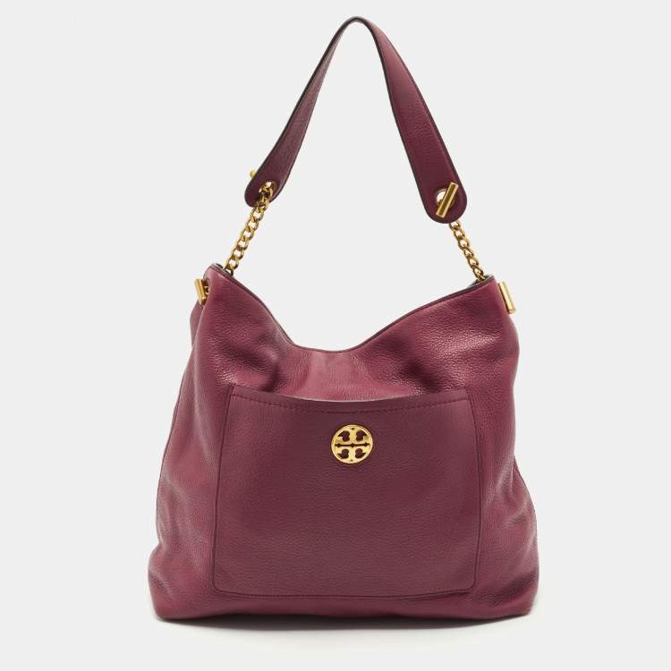 Pre Owned Tory Burch Burgundy Leather Chelsea Chain Hobo