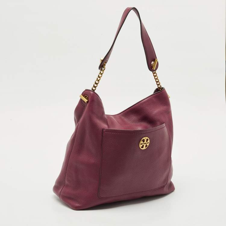 Pre Owned Tory Burch Burgundy Leather Chelsea Chain Hobo