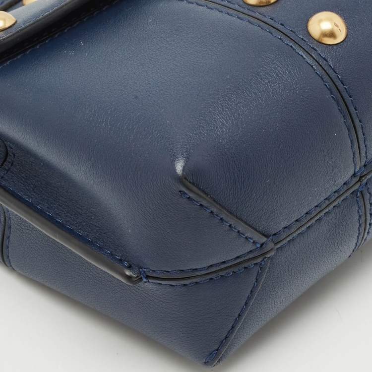 Pre Owned Tory Burch Navy Blue Leather Mini Block-T Studded Top Handle Bag