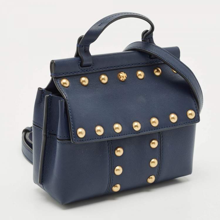 Pre Owned Tory Burch Navy Blue Leather Mini Block-T Studded Top Handle Bag