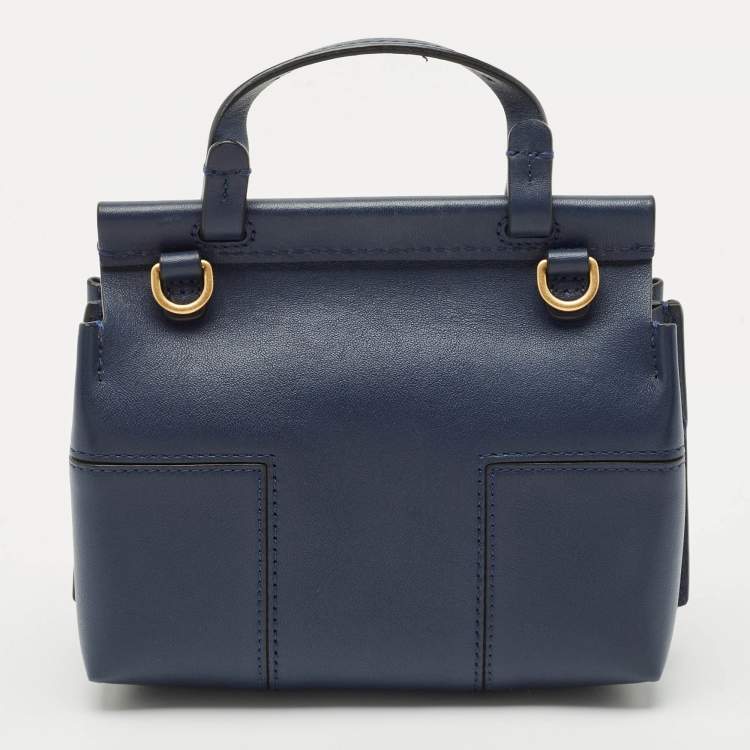 Pre Owned Tory Burch Navy Blue Leather Mini Block-T Studded Top Handle Bag