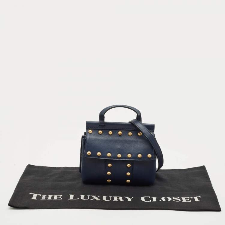Pre Owned Tory Burch Navy Blue Leather Mini Block-T Studded Top Handle Bag