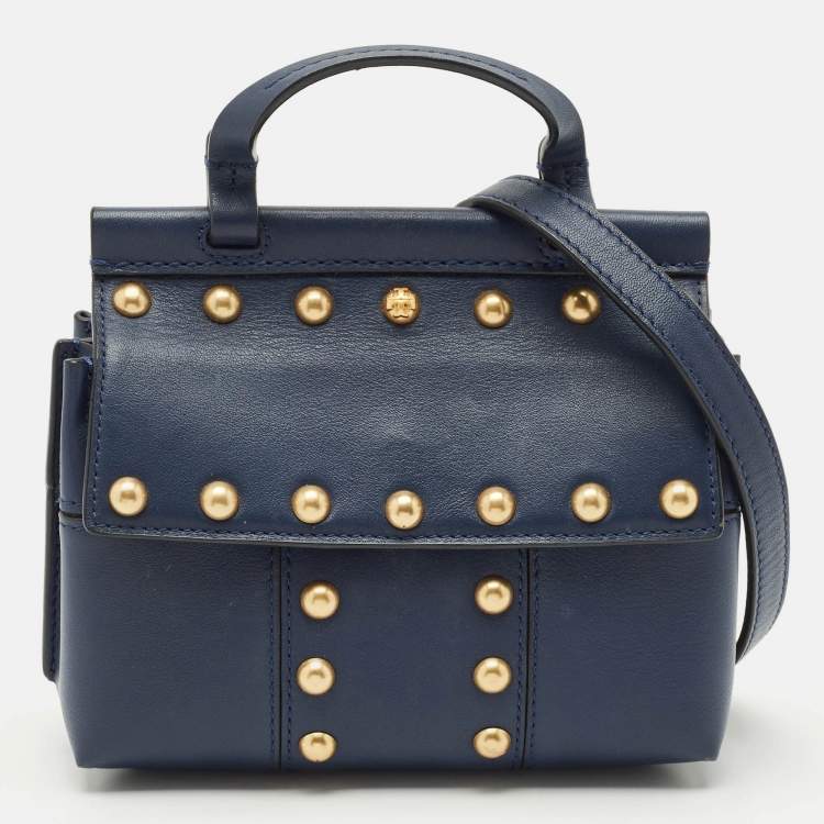 Pre Owned Tory Burch Navy Blue Leather Mini Block-T Studded Top Handle Bag