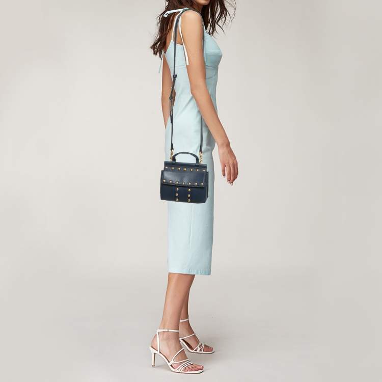 Pre Owned Tory Burch Navy Blue Leather Mini Block-T Studded Top Handle Bag