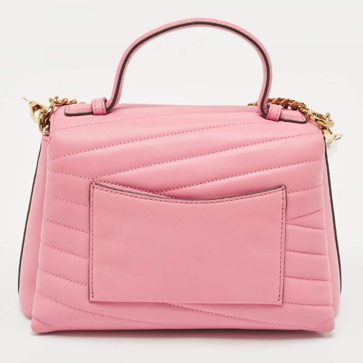 Pre Owned Tory Burch Pink Chevron Leather Kira Top Handle Bag
