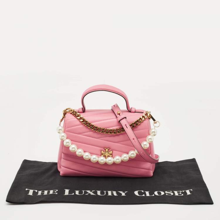 Pre Owned Tory Burch Pink Chevron Leather Kira Top Handle Bag