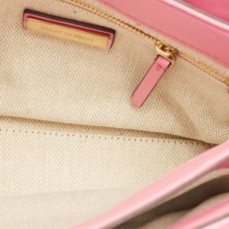 Pre Owned Tory Burch Pink Chevron Leather Kira Top Handle Bag
