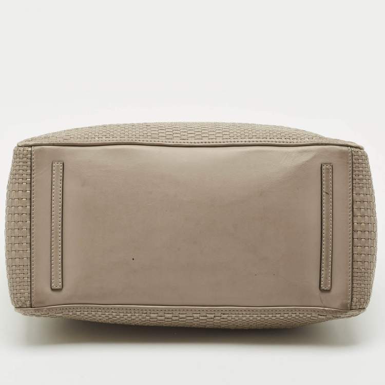 Pre Owned Tory Burch Grey Woven Patent and Leather Robinson Double Zip Tote