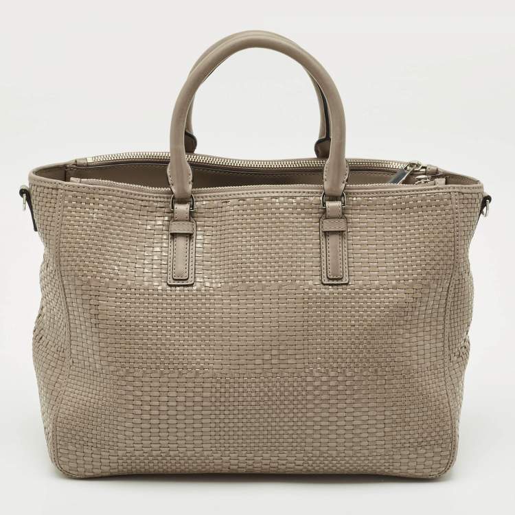 Pre Owned Tory Burch Grey Woven Patent and Leather Robinson Double Zip Tote