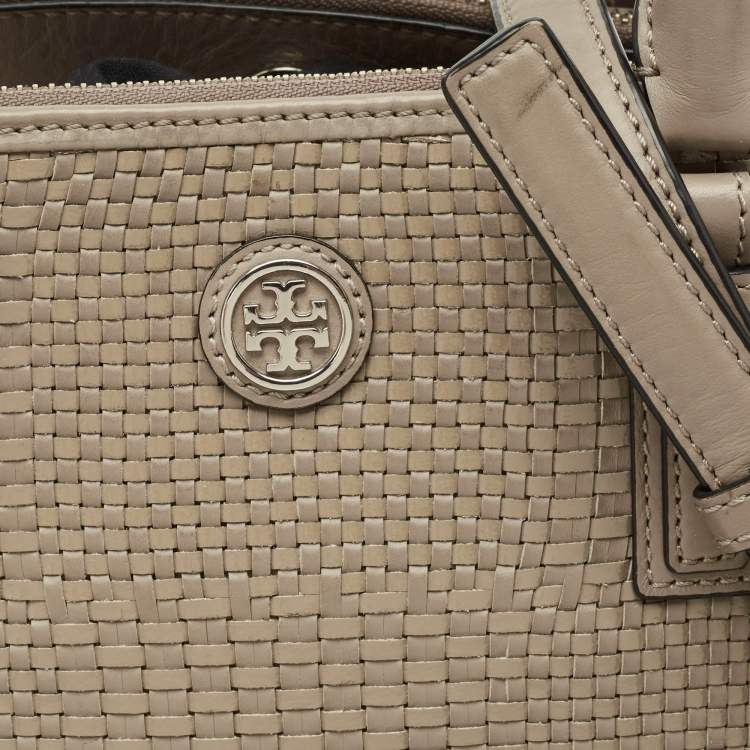 Pre Owned Tory Burch Grey Woven Patent and Leather Robinson Double Zip Tote