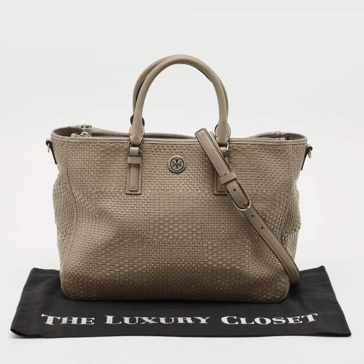 Pre Owned Tory Burch Grey Woven Patent and Leather Robinson Double Zip Tote
