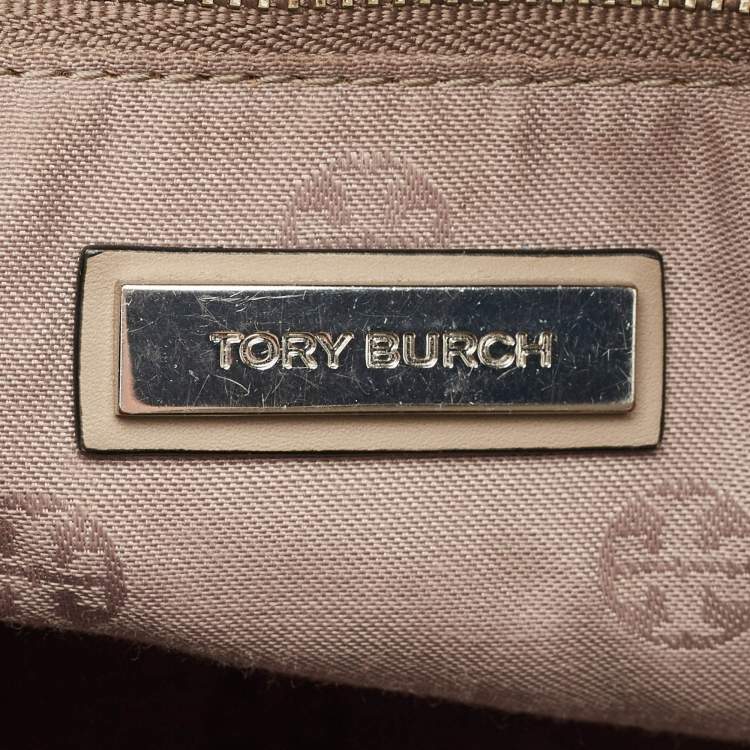 Pre Owned Tory Burch Grey Woven Patent and Leather Robinson Double Zip Tote