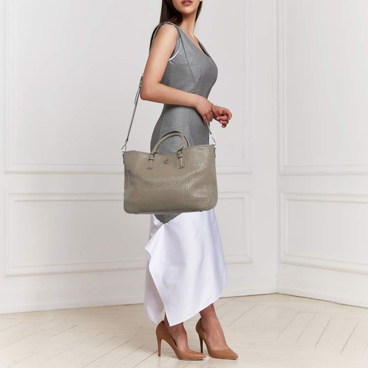 Pre Owned Tory Burch Grey Woven Patent and Leather Robinson Double Zip Tote